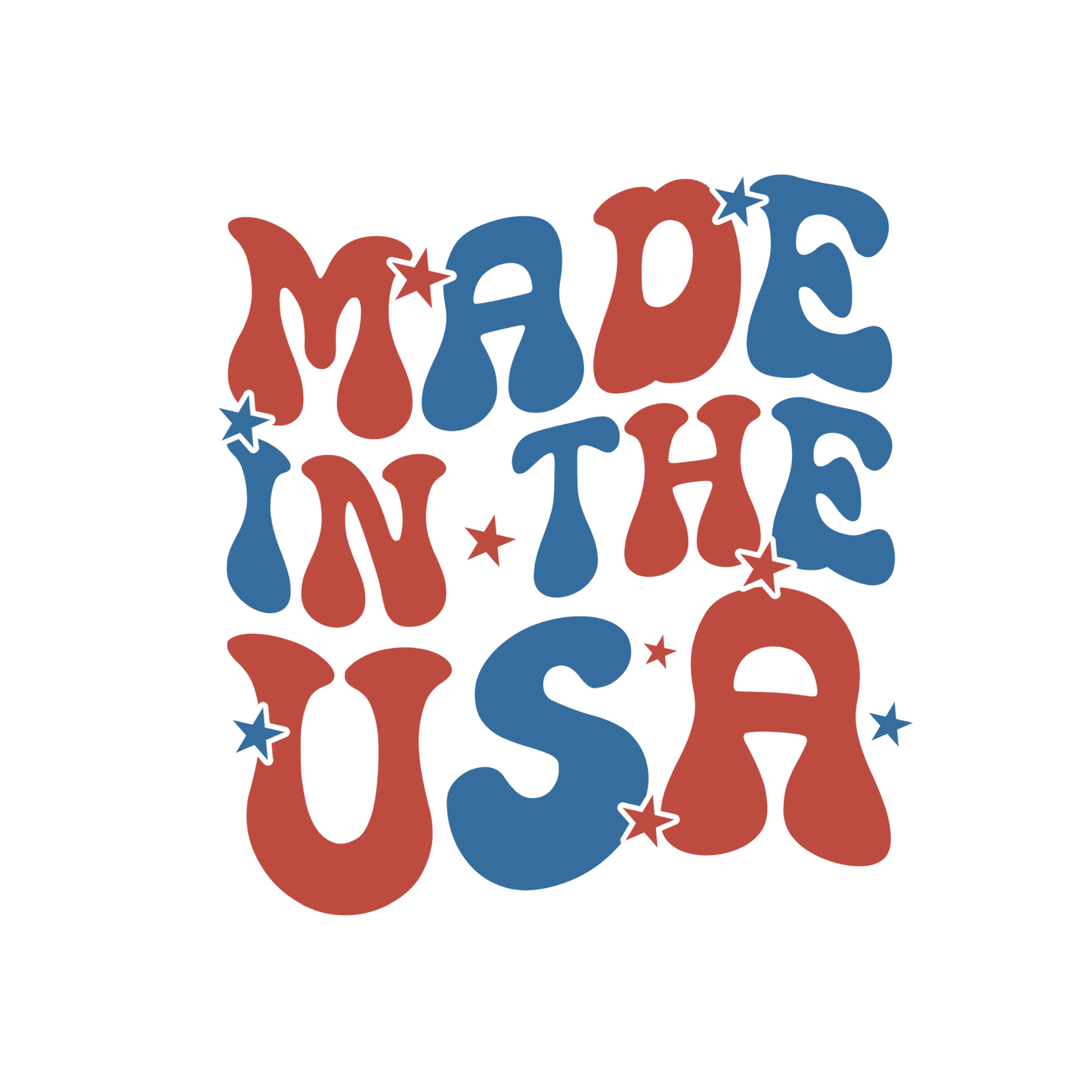 Text 'MADE IN THE USA' in red and blue on a white background