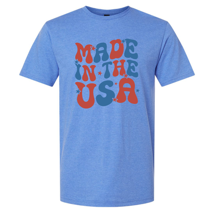 Blue t-shirt with 'Made in the USA' text in red and blue on a white background
