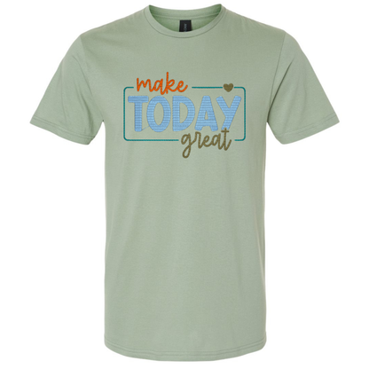 Light green t-shirt with 'make today great' text design on a white background