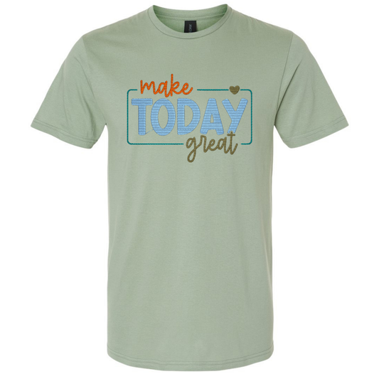 Light green t-shirt with 'make today great' text design on a white background