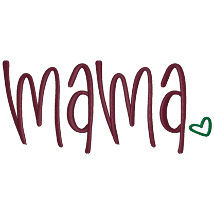 The word 'mama' in a cursive font with a green heart on a white background