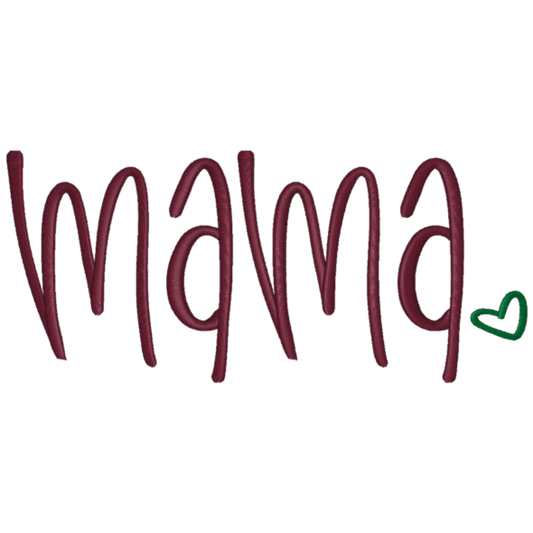 The word 'mama' in a cursive font with a green heart on a white background