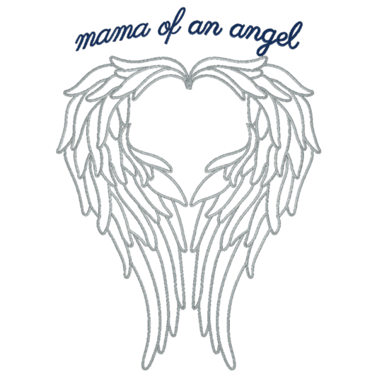 Outline of angel wings with 'mama of an angel' text above on a white background