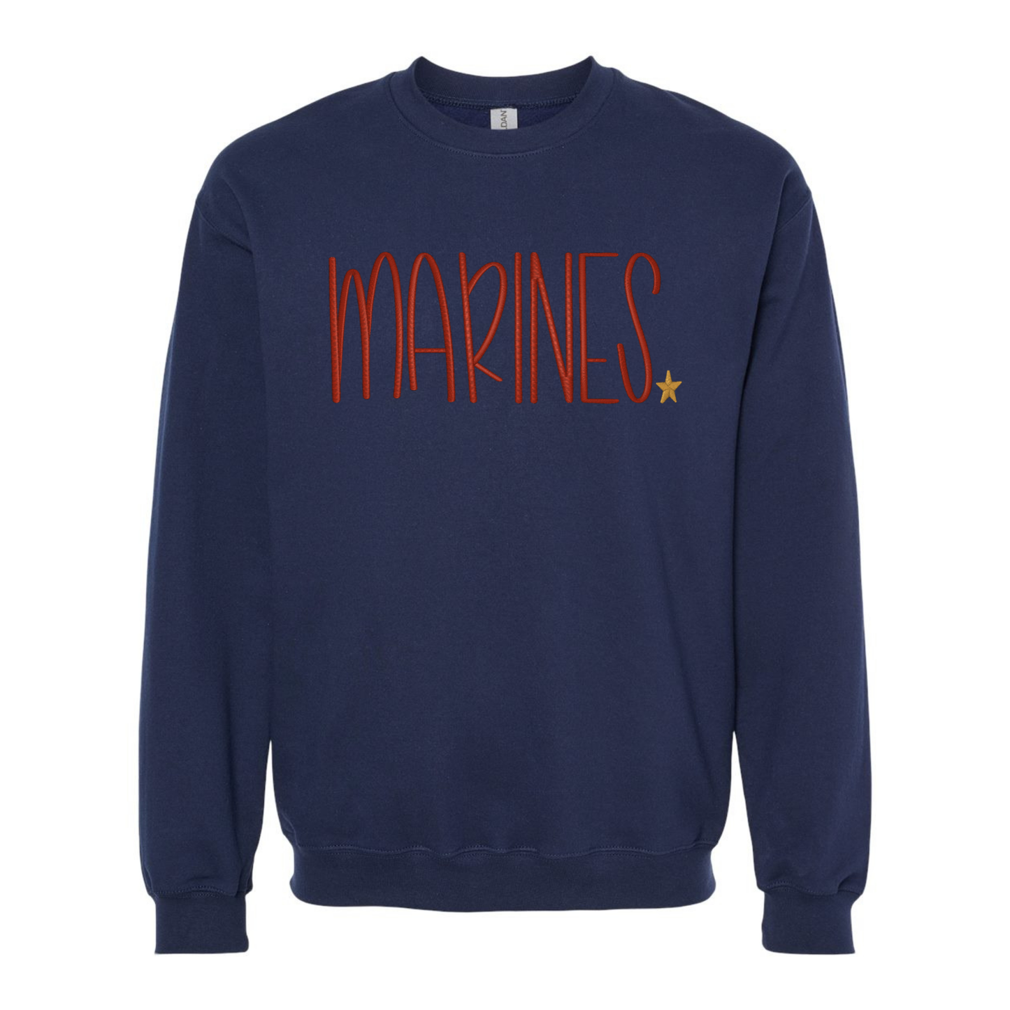 Navy blue sweatshirt with 'MARINES' printed in red on a white background