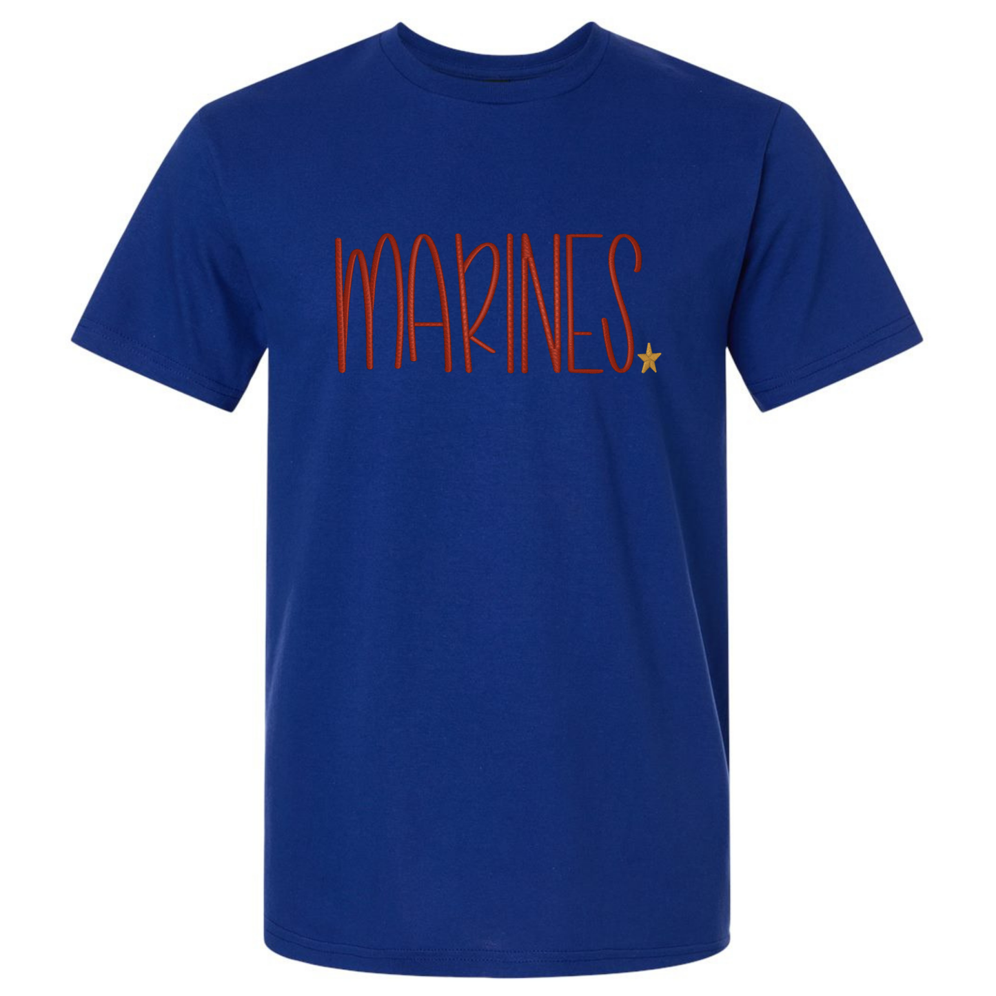 Blue t-shirt with 'MARINES' text on a white background