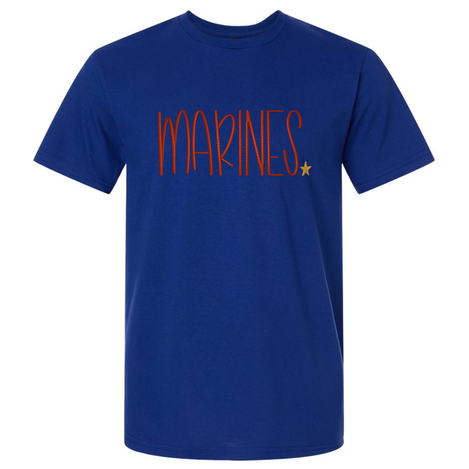 Blue t-shirt with 'MARINES' text on a white background