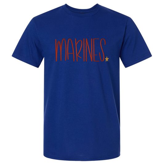 Blue t-shirt with 'MARINES' text on a white background