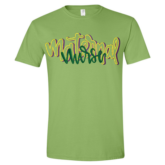Green t-shirt with 'Maternal' and 'Nurse' text in colorful letters on a white background