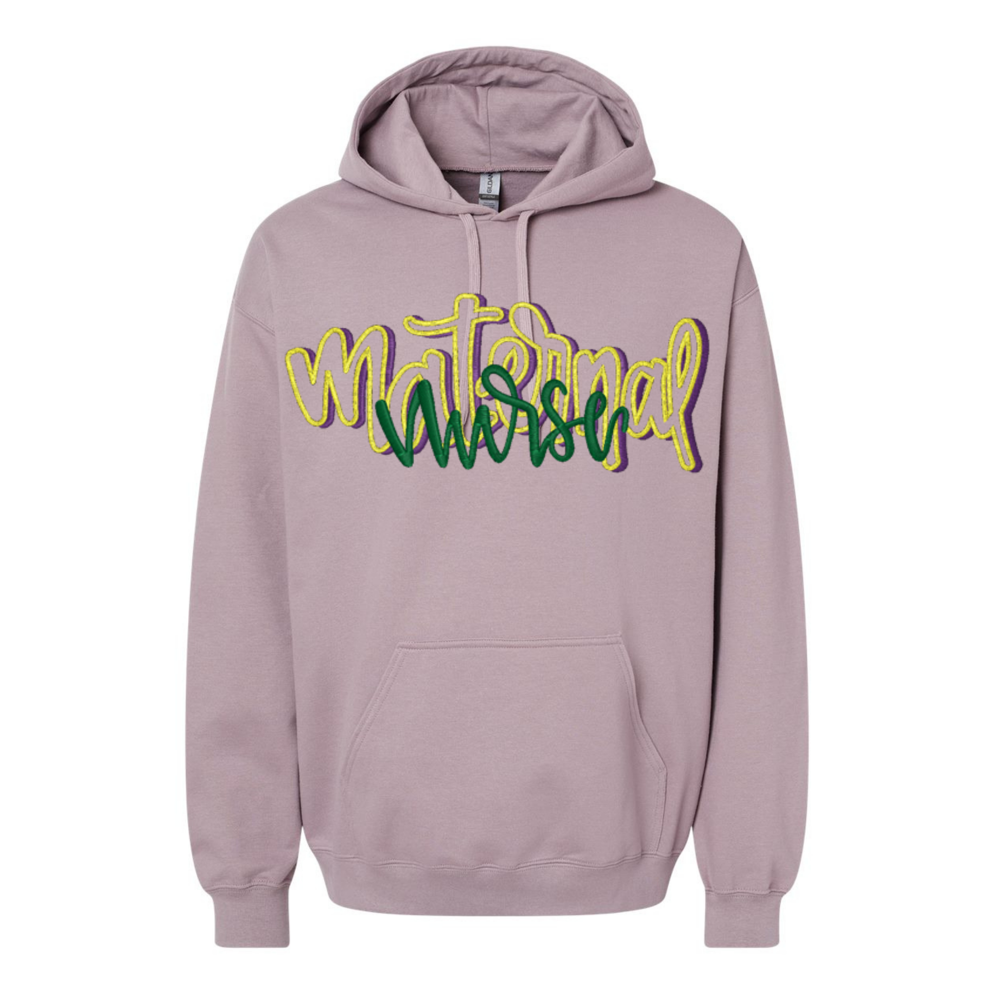 Purple hoodie with maternal nurse in colorful text on a white background
