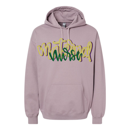 Purple hoodie with maternal nurse in colorful text on a white background