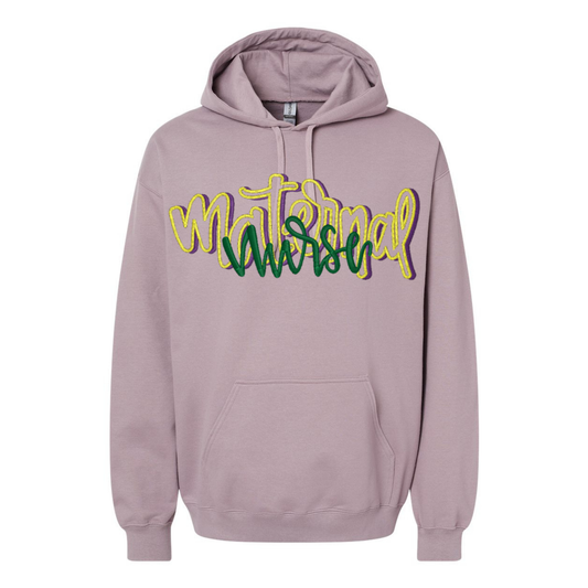 Purple hoodie with maternal nurse in colorful text on a white background
