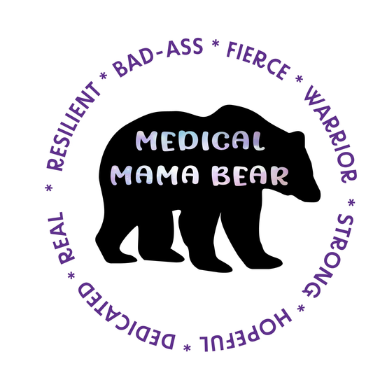 Black bear silhouette with 'Medical Mama Bear' text surrounded by purple motivational words on a white background