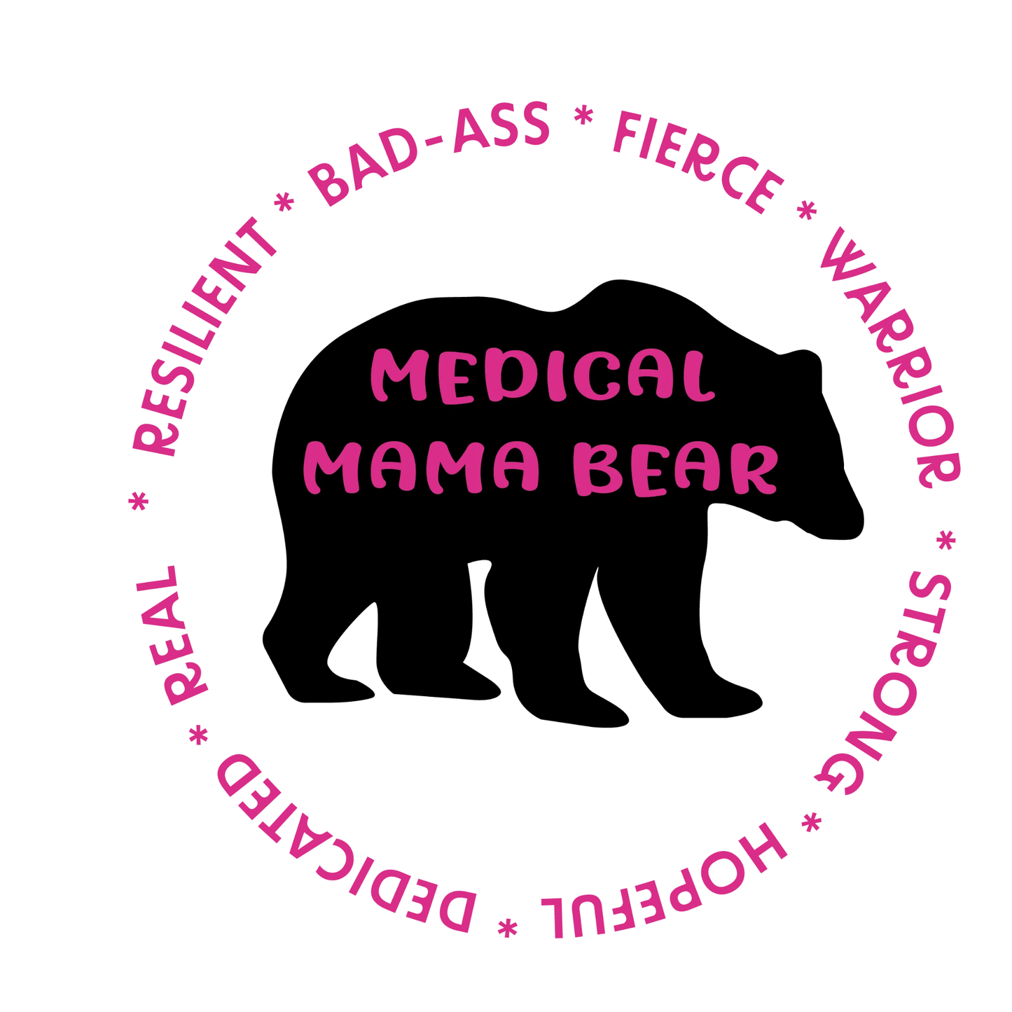 Black bear silhouette with pink text around on a white background