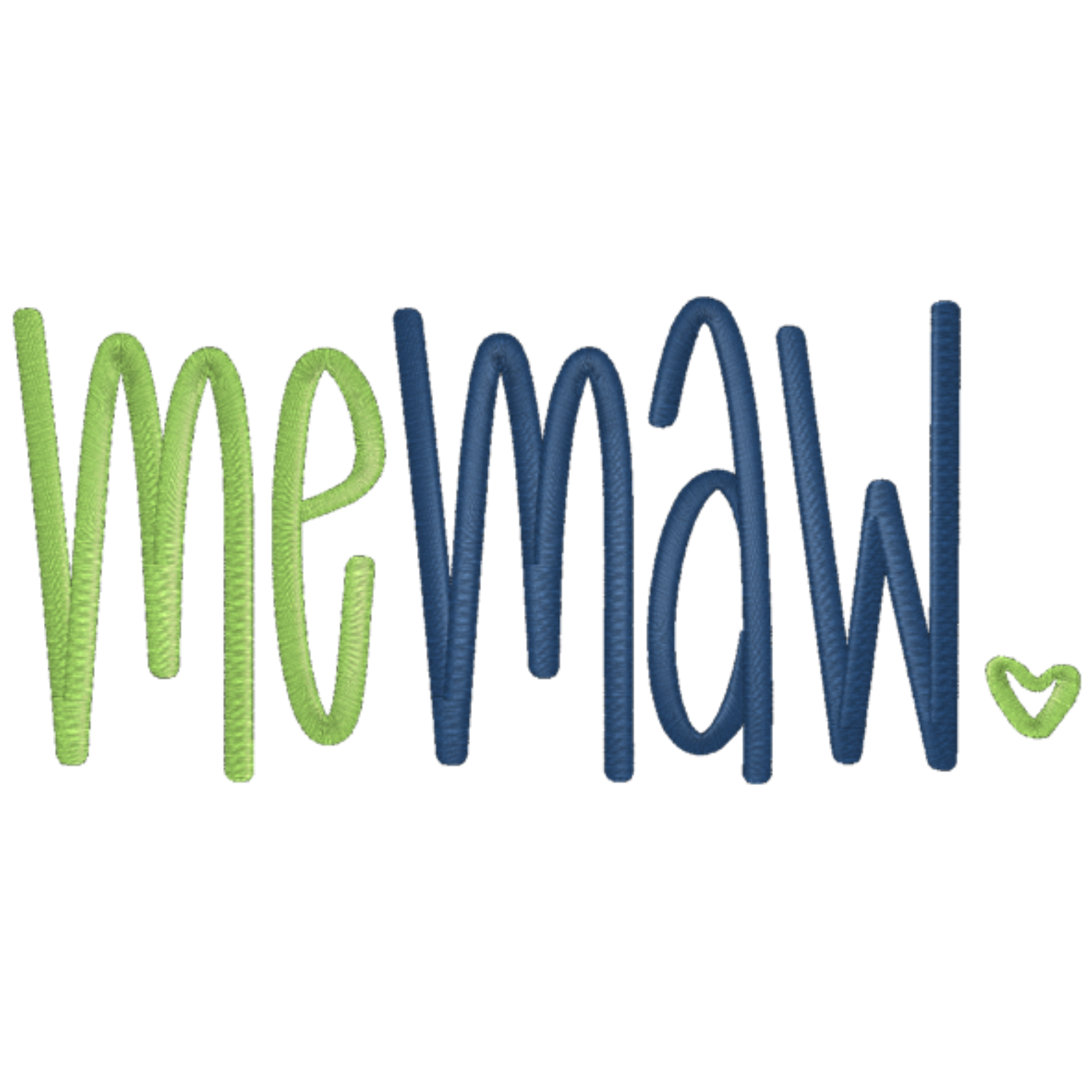 Text 'me maw' in green and blue on a white background with a heart symbol.