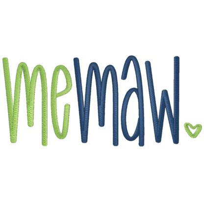 Text 'me maw' in green and blue on a white background with a heart symbol.