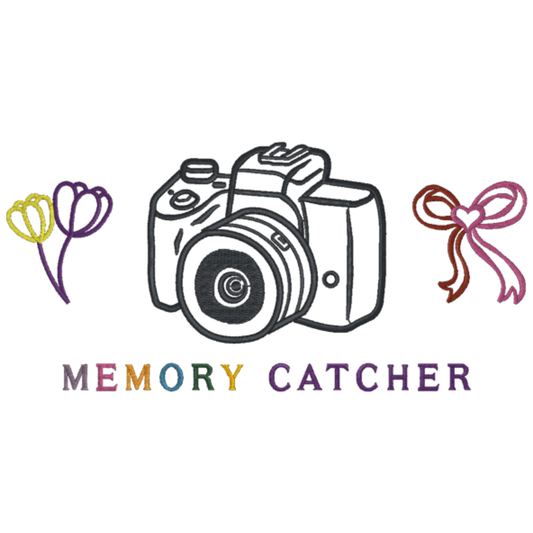 Logo with a camera, flowers, and a bow, featuring the text 'Memory Catcher'.