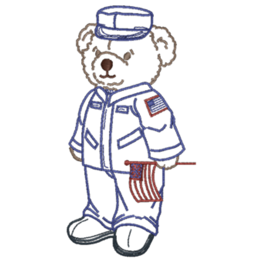 Embroidered teddy bear in a uniform with an American flag on a white background