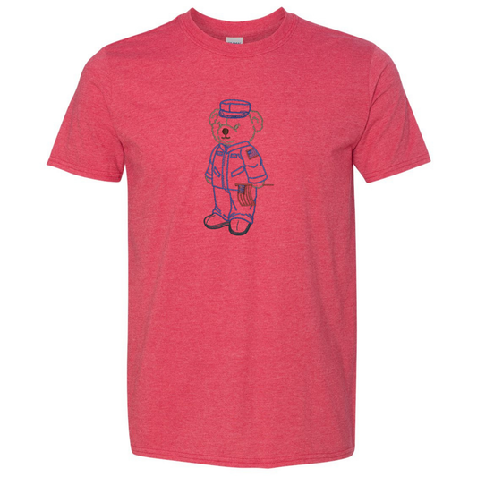 Red t-shirt with a teddy bear graphic on a white background