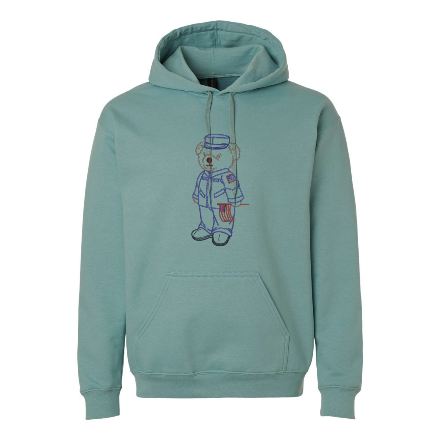 Teal hoodie with embroidered bear design on a white background