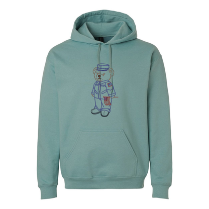 Teal hoodie with embroidered bear design on a white background