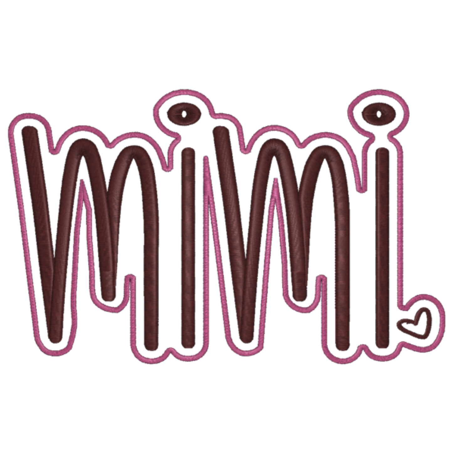 Decorative text 'Mimi' with a brown and pink outline on a white background