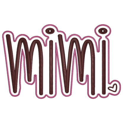 Decorative text 'Mimi' with a brown and pink outline on a white background