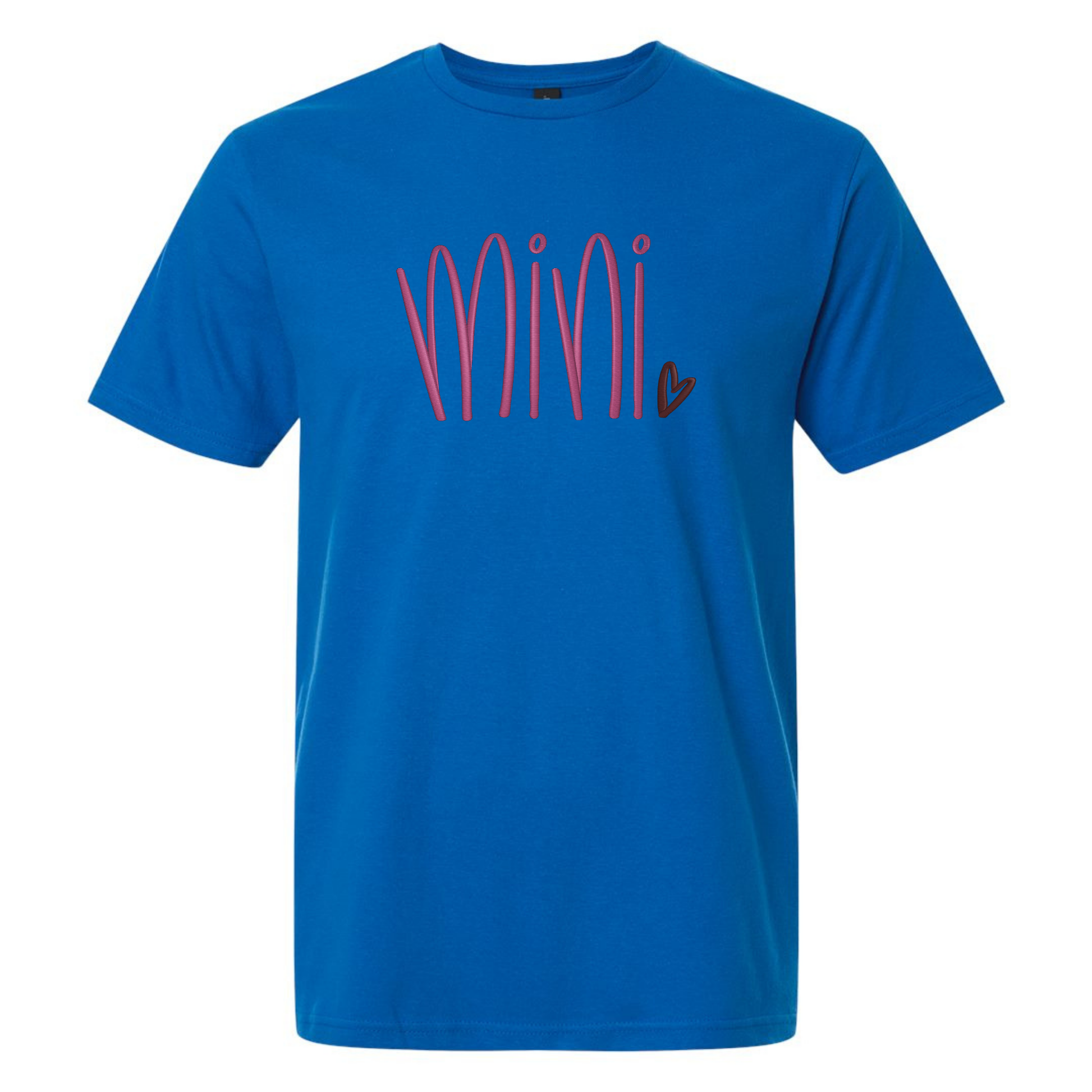 Blue t-shirt with red text on a white background