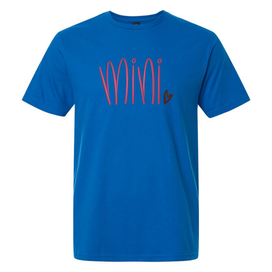 Blue t-shirt with red text on a white background