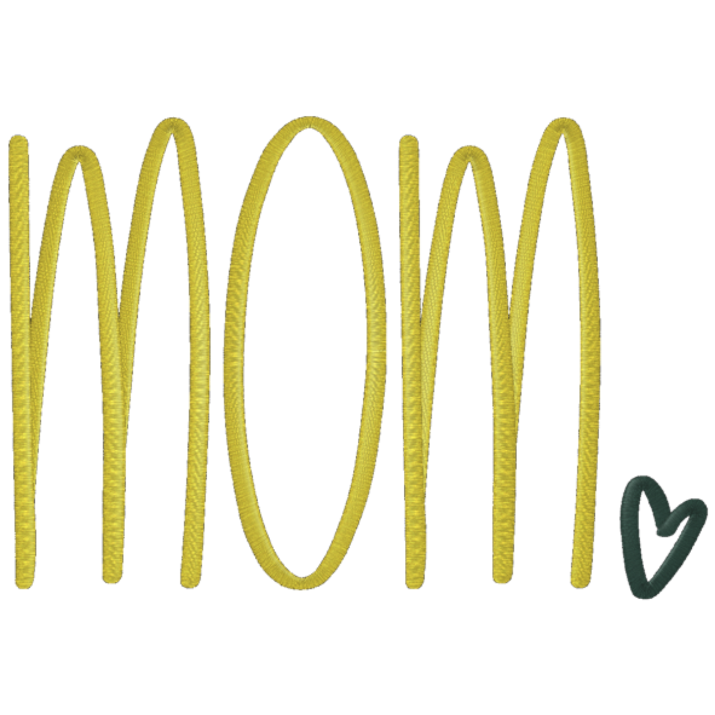 Yellow 'MOM' text with a green heart on a white background