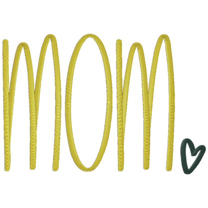 Yellow 'MOM' text with a green heart on a white background