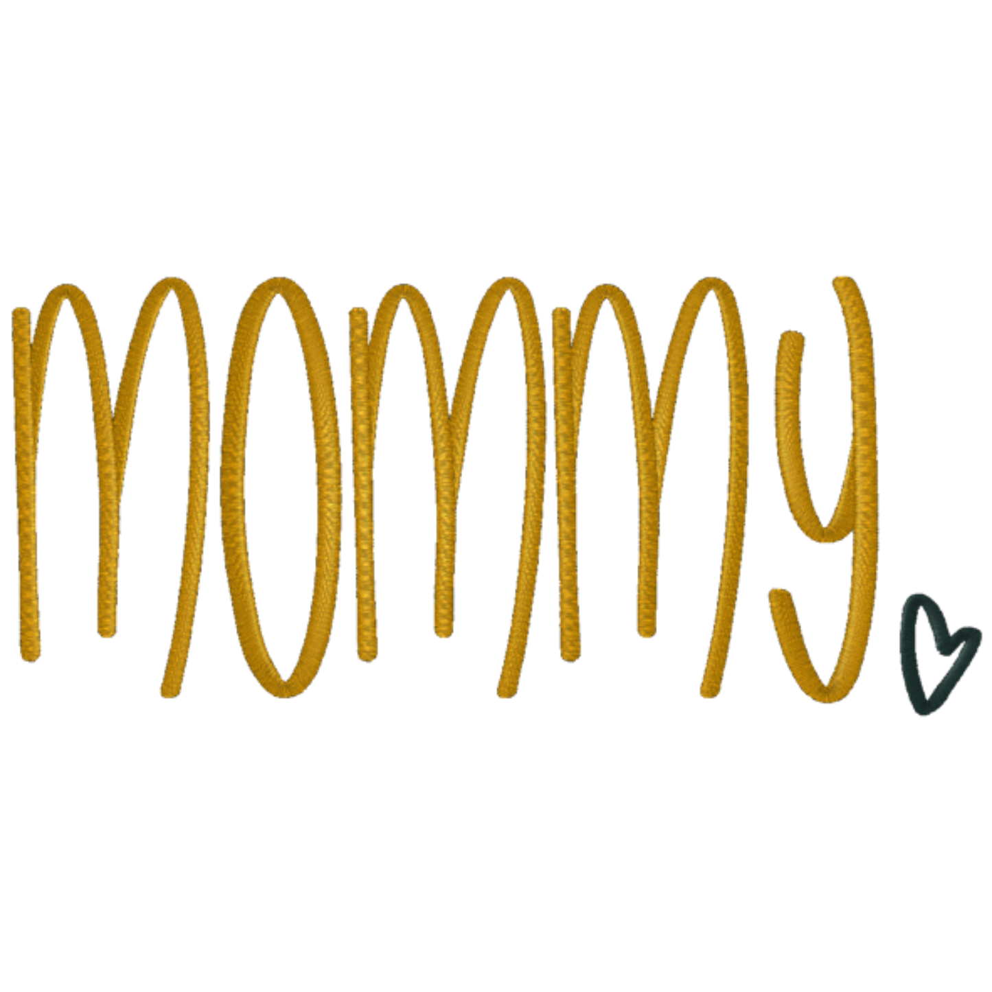 Yellow embroidered text 'mommy' with a heart on a white background