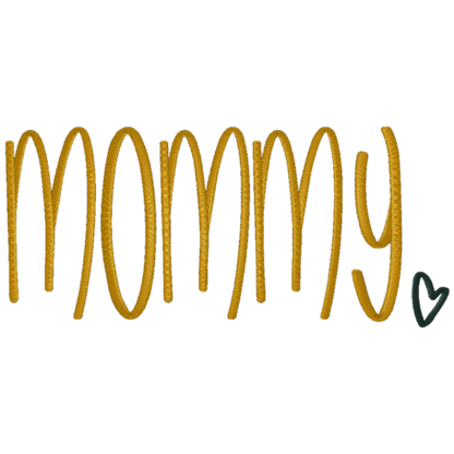 Yellow embroidered text 'mommy' with a heart on a white background