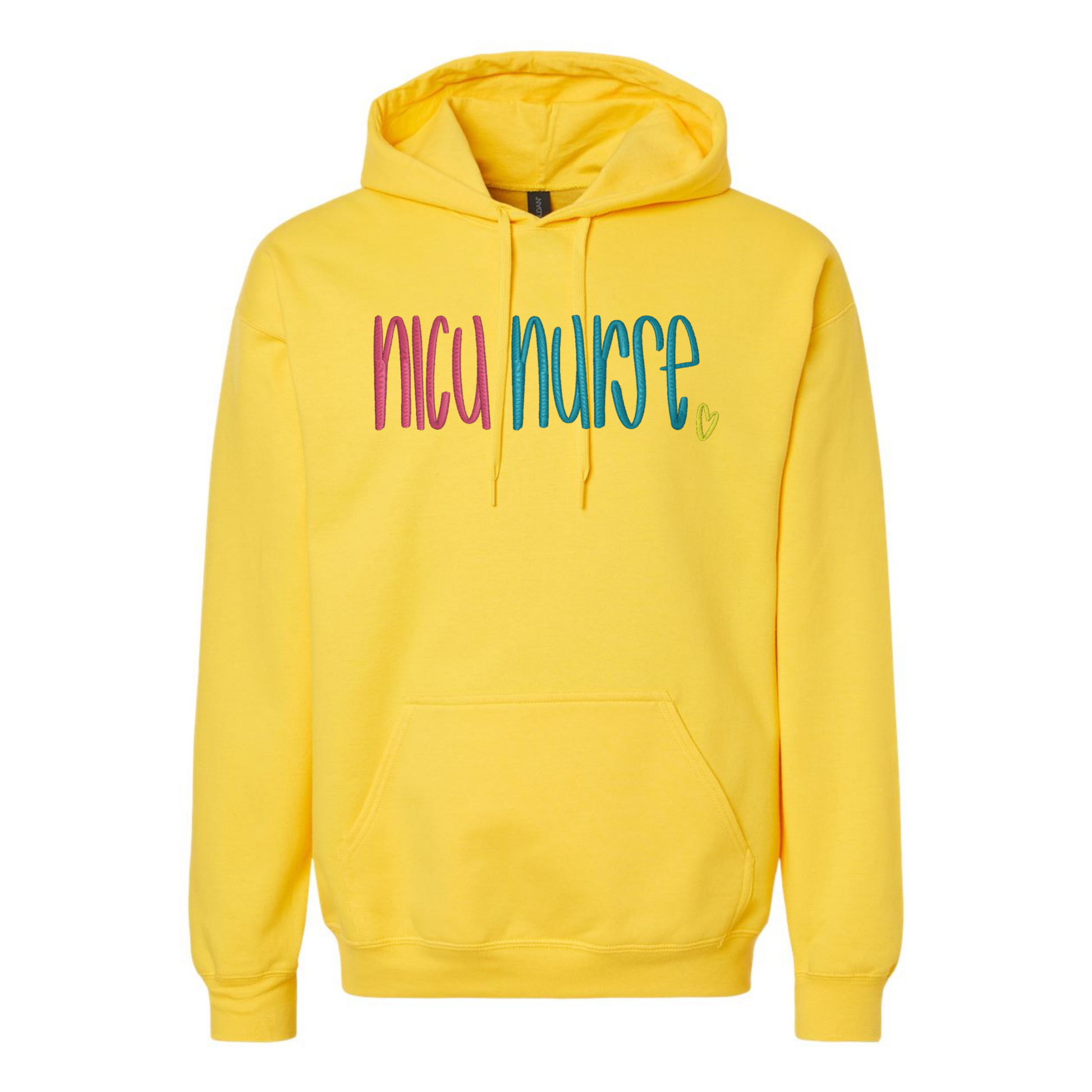Yellow hoodie with colorful Nicu Nurse text on a white background