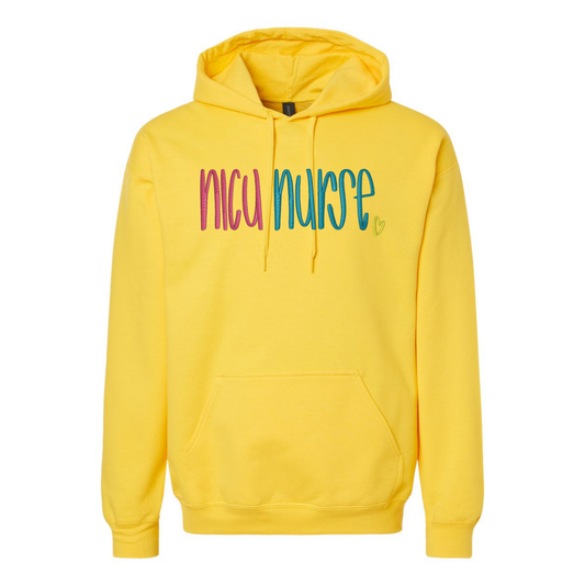 Yellow hoodie with colorful Nicu Nurse text on a white background