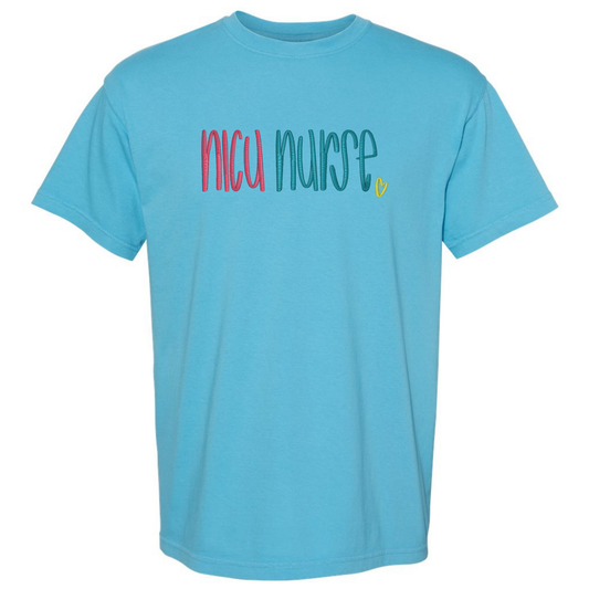 Blue t-shirt with 'NICU nurse' text on a white background