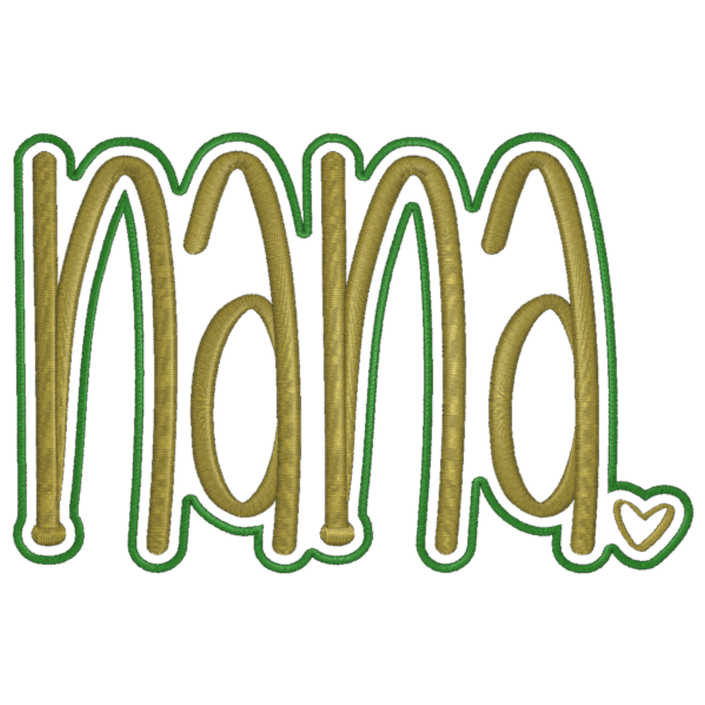 Embroidered patch with 'nana' text on a transparent background