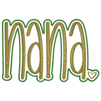 Embroidered patch with 'nana' text on a transparent background