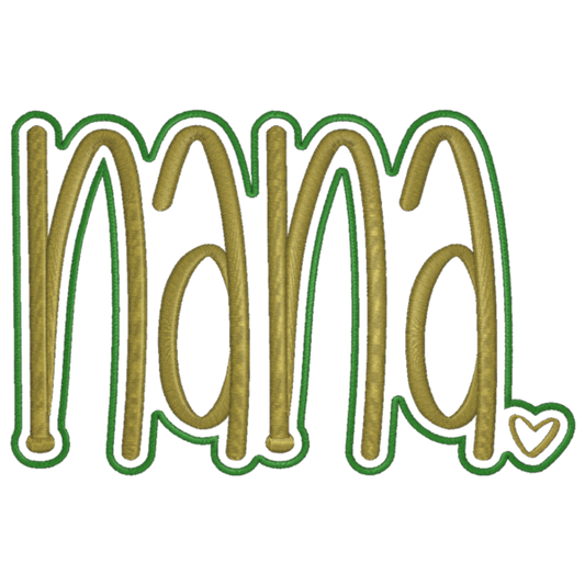 Embroidered patch with 'nana' text on a transparent background