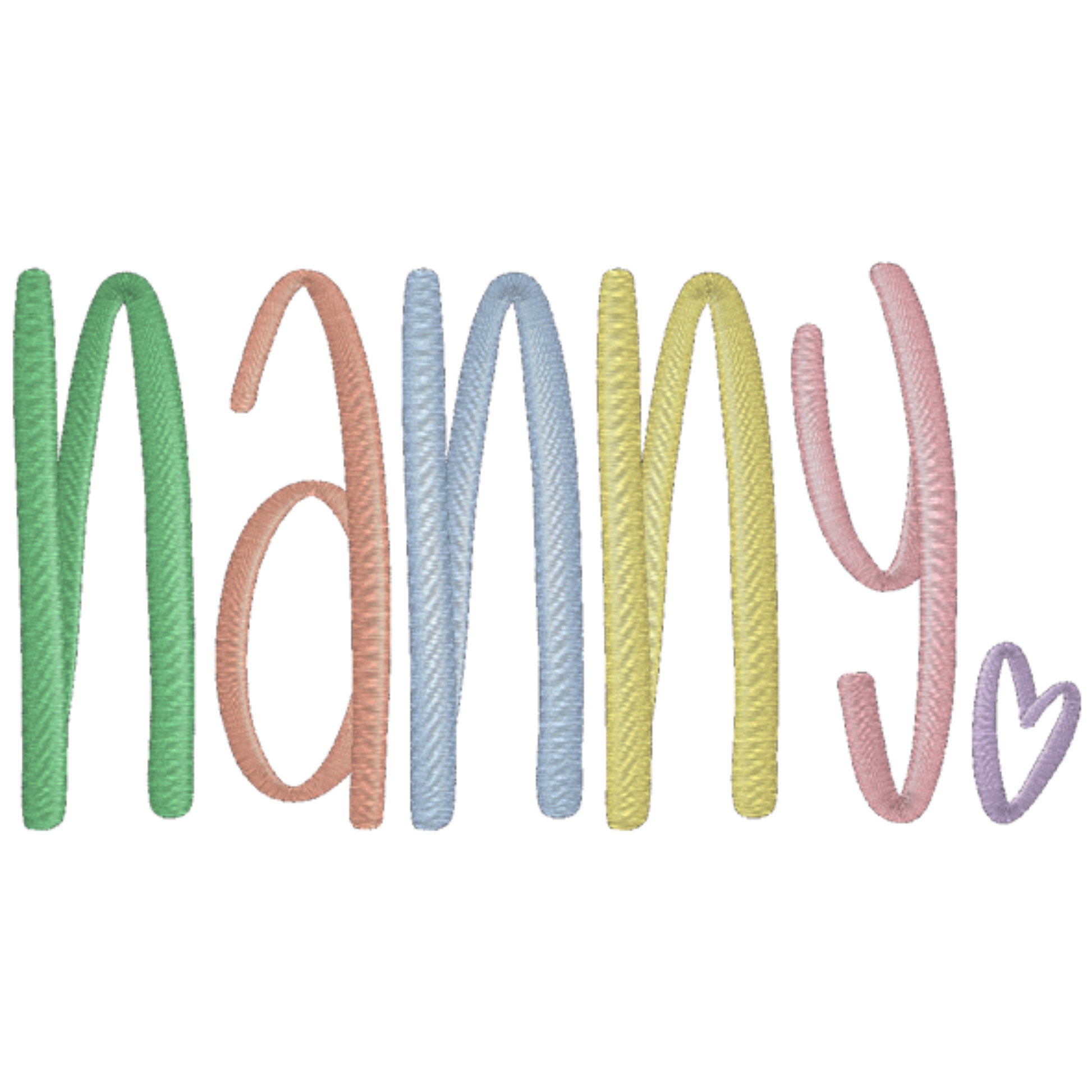 Colorful embroidered text spelling 'mamy' on a white background