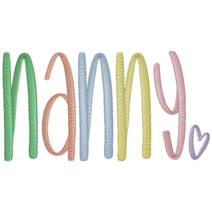 Colorful embroidered text spelling 'mamy' on a white background