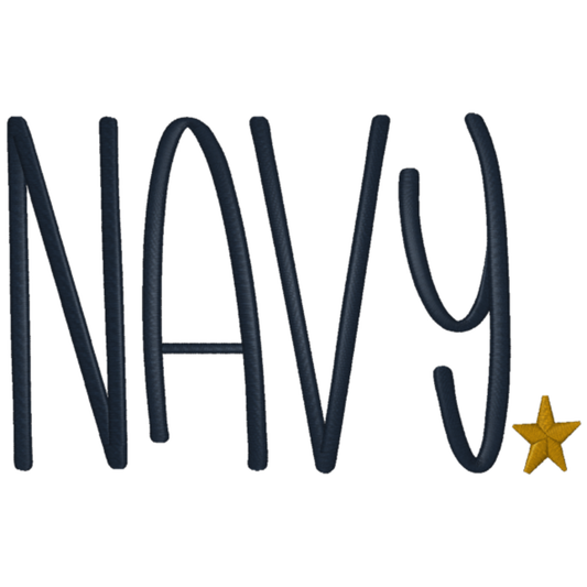 Navy written in navy blue thread on a white background