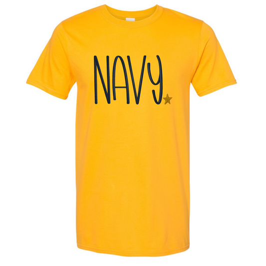 Yellow t-shirt with 'Navy' text and star on a white background