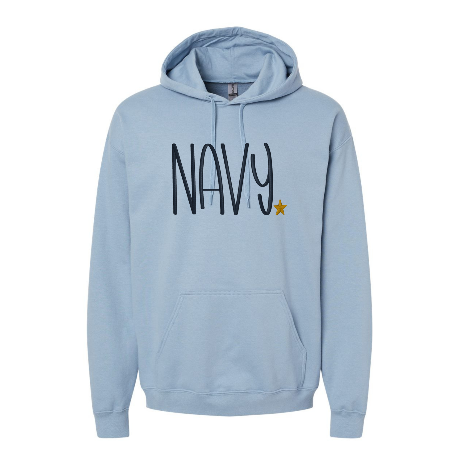 Light blue hoodie with 'Navy' and a star graphic on a white background