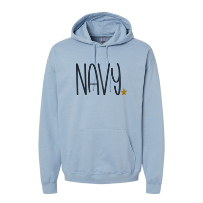 Light blue hoodie with 'Navy' and a star graphic on a white background