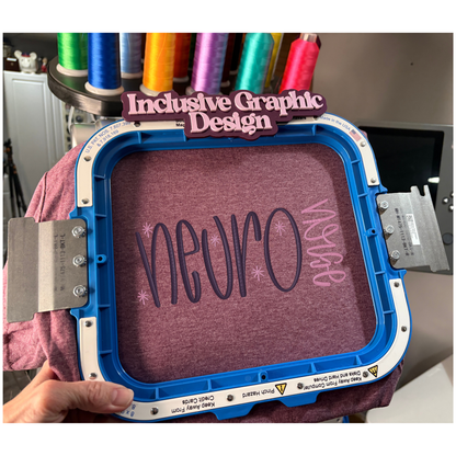 Embroidery hoop with 'neuro' design on a purple fabric, held by a person with colorful thread spools in the background.
