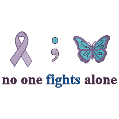 Purple ribbon, blue butterfly, and text 'no one fights alone' on a white background