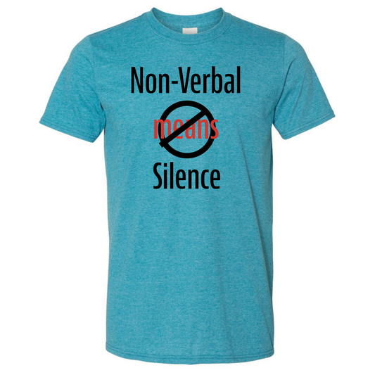 Blue t-shirt with 'Non-Verbal means Silence' text on a white background