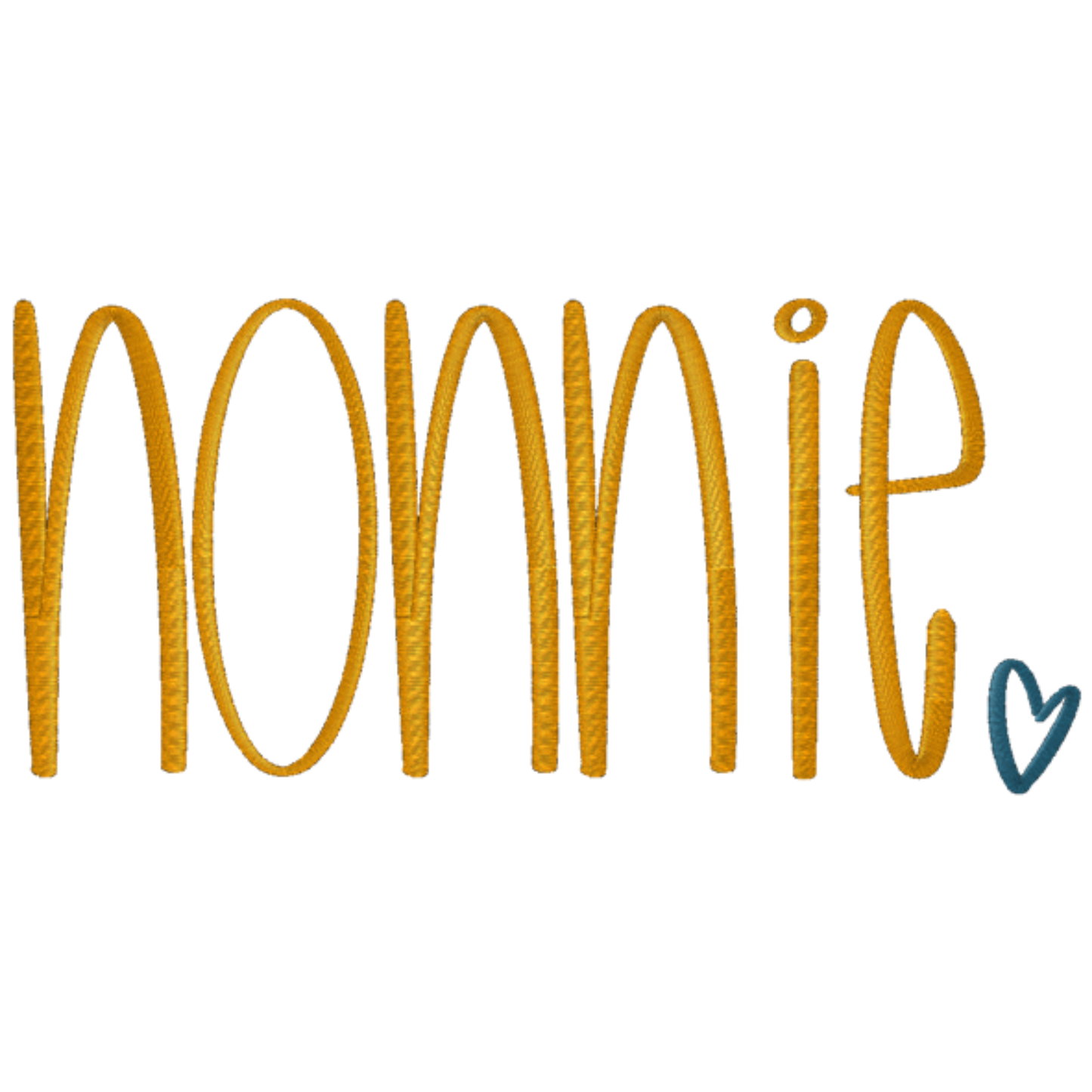 Yellow embroidered text 'nonnie' with a blue heart on a white background
