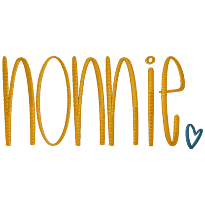 Yellow embroidered text 'nonnie' with a blue heart on a white background