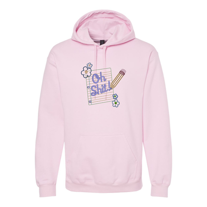 Pink hoodie with graphic design on a white background
